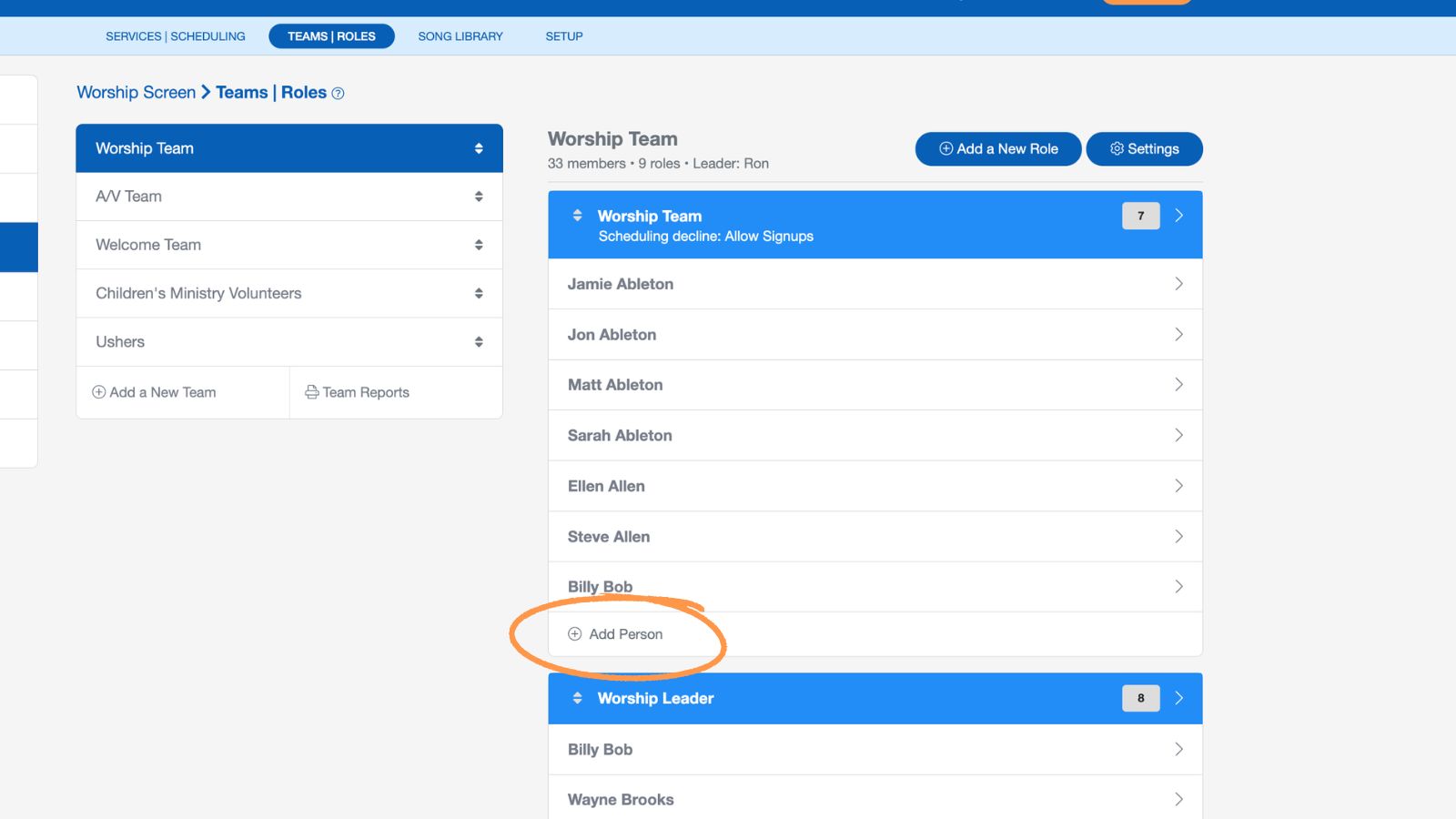 Support Worship Scheduling Teams and Roles Add New Person