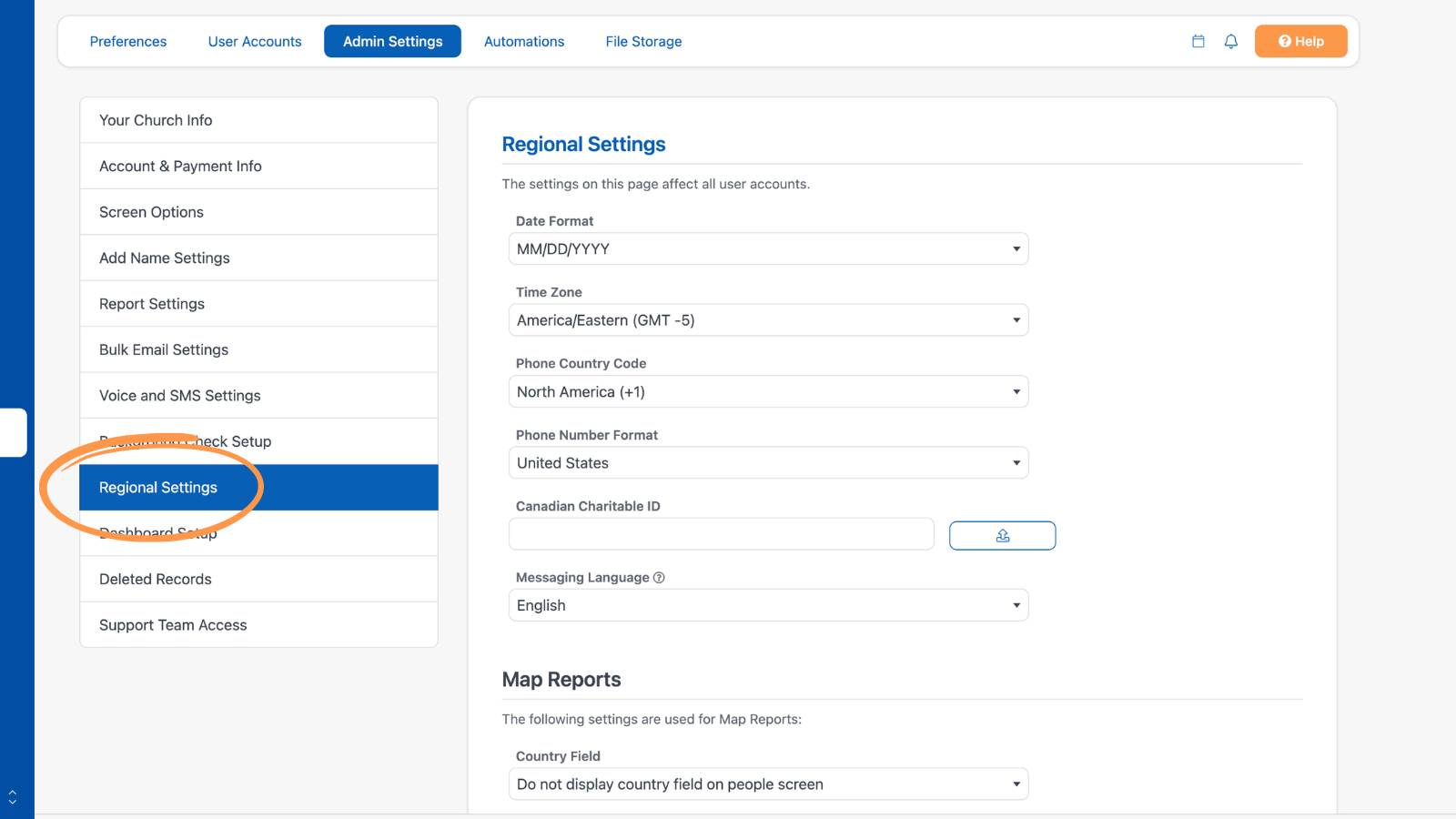 Settings Admin Settings Regional