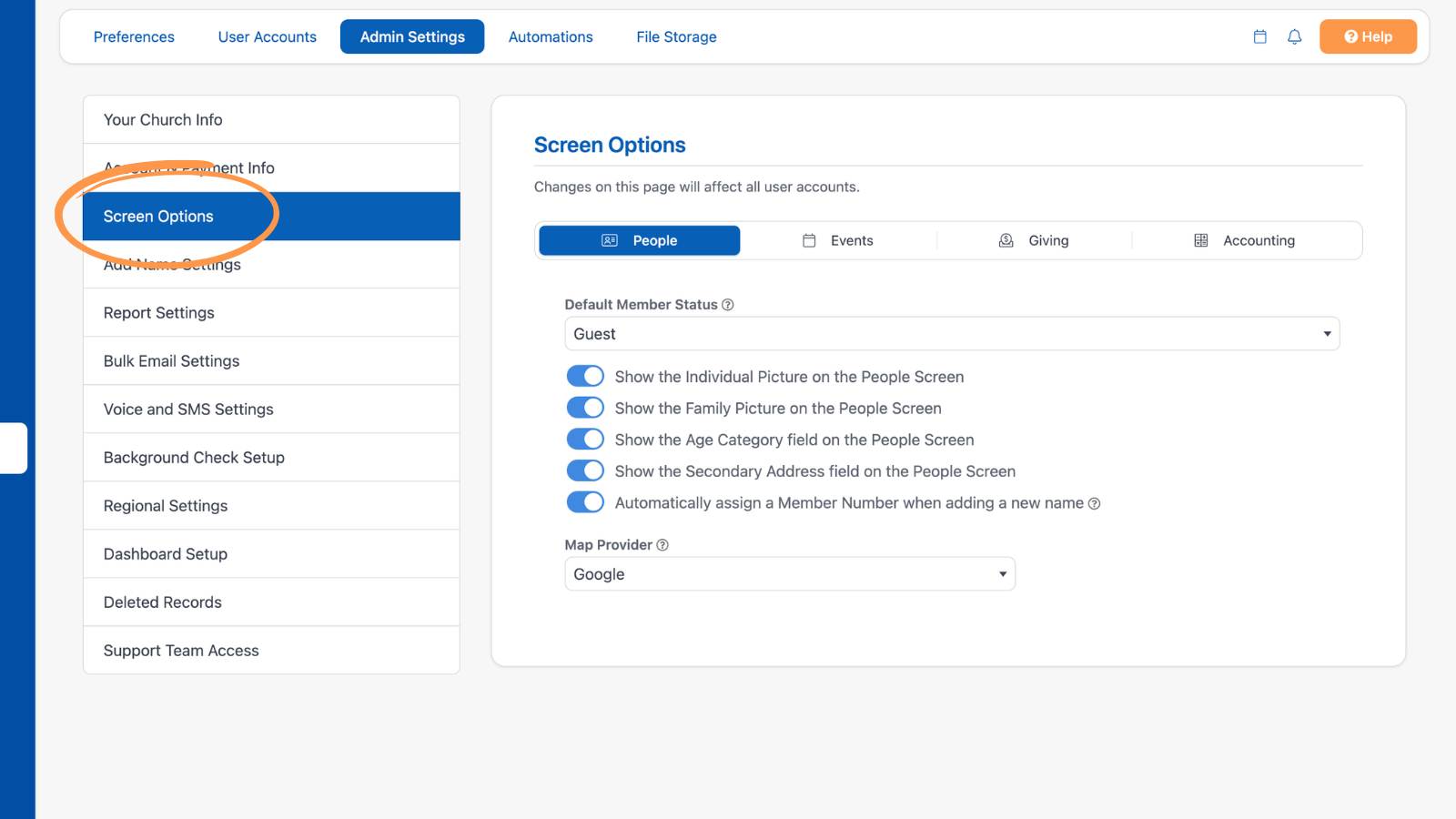 Settings Admin Settings Screen