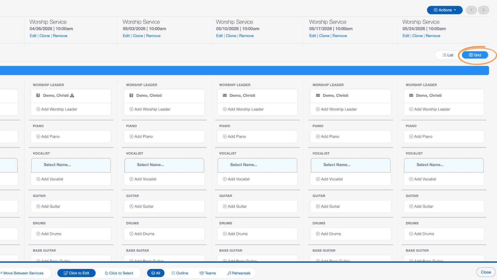 Support Worship and Scheduling Side by Side Lis or Grid View