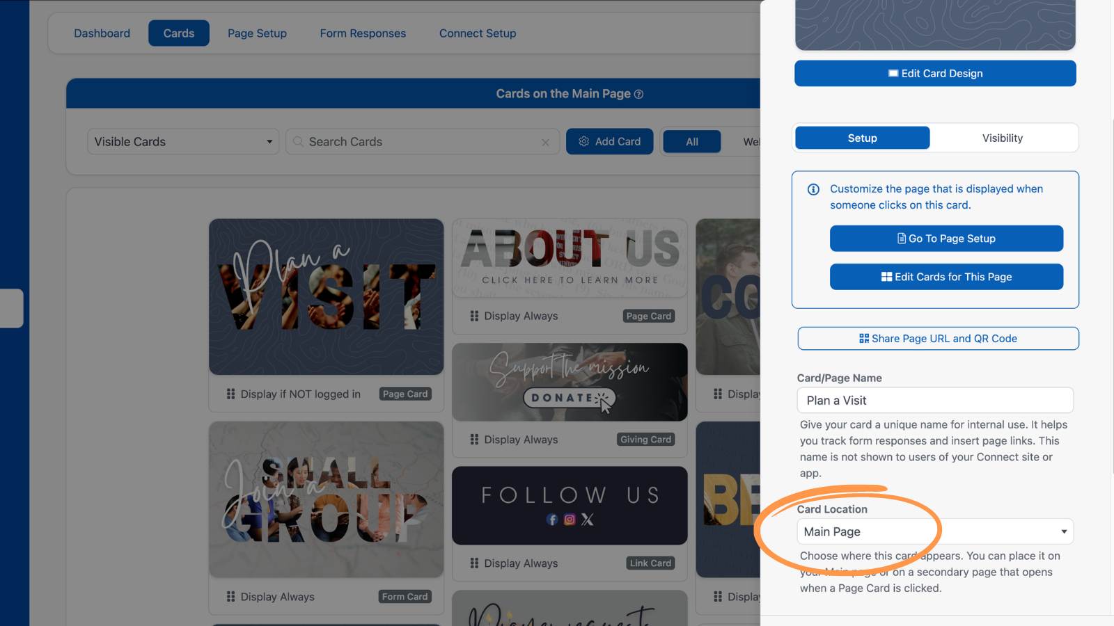 Creating and Editing Connect Cards Card Location