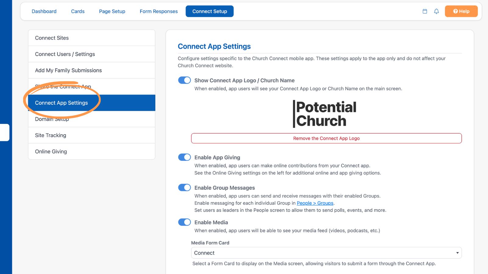 Church Connect Connect Setup Connect App Settings Tab