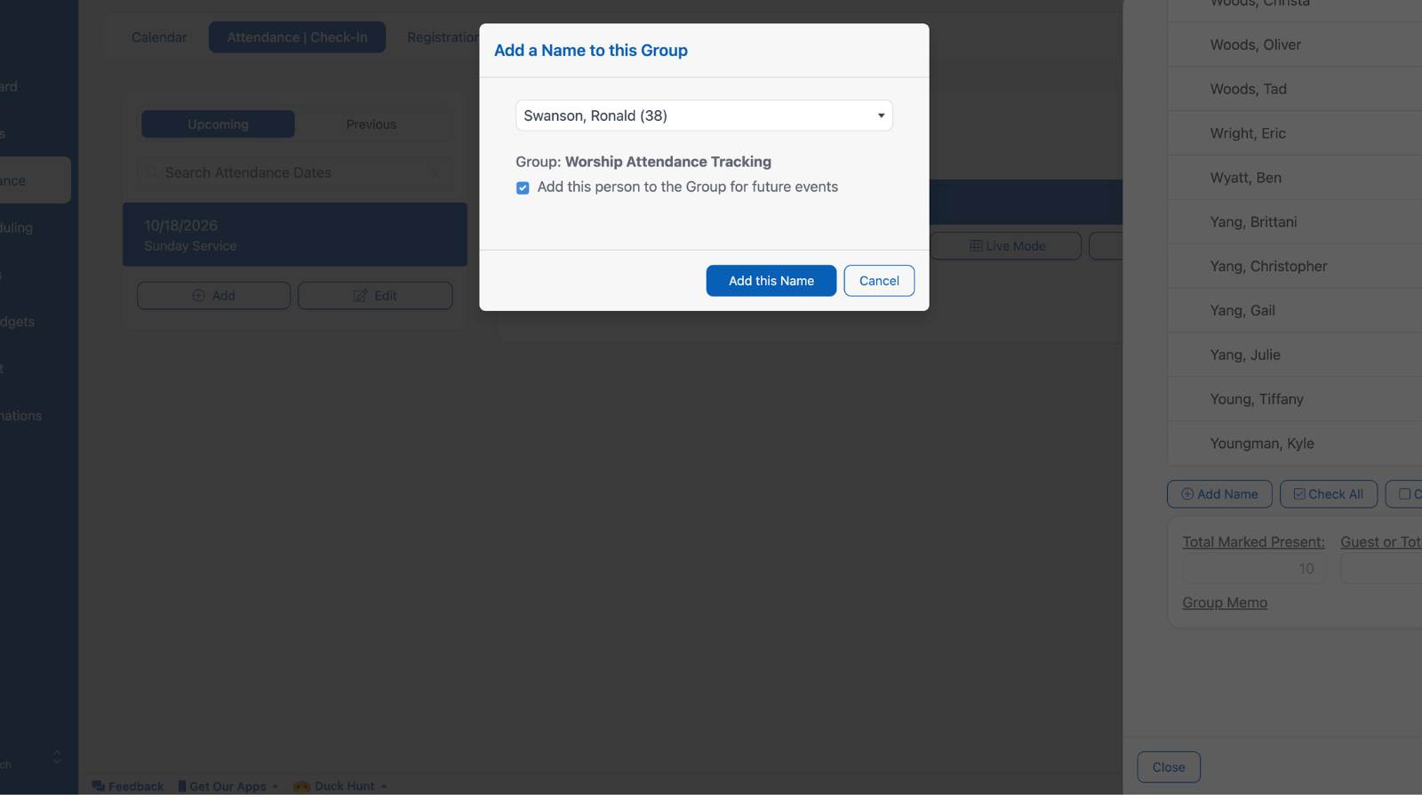 Entering Attendance Quick Add Name to Group