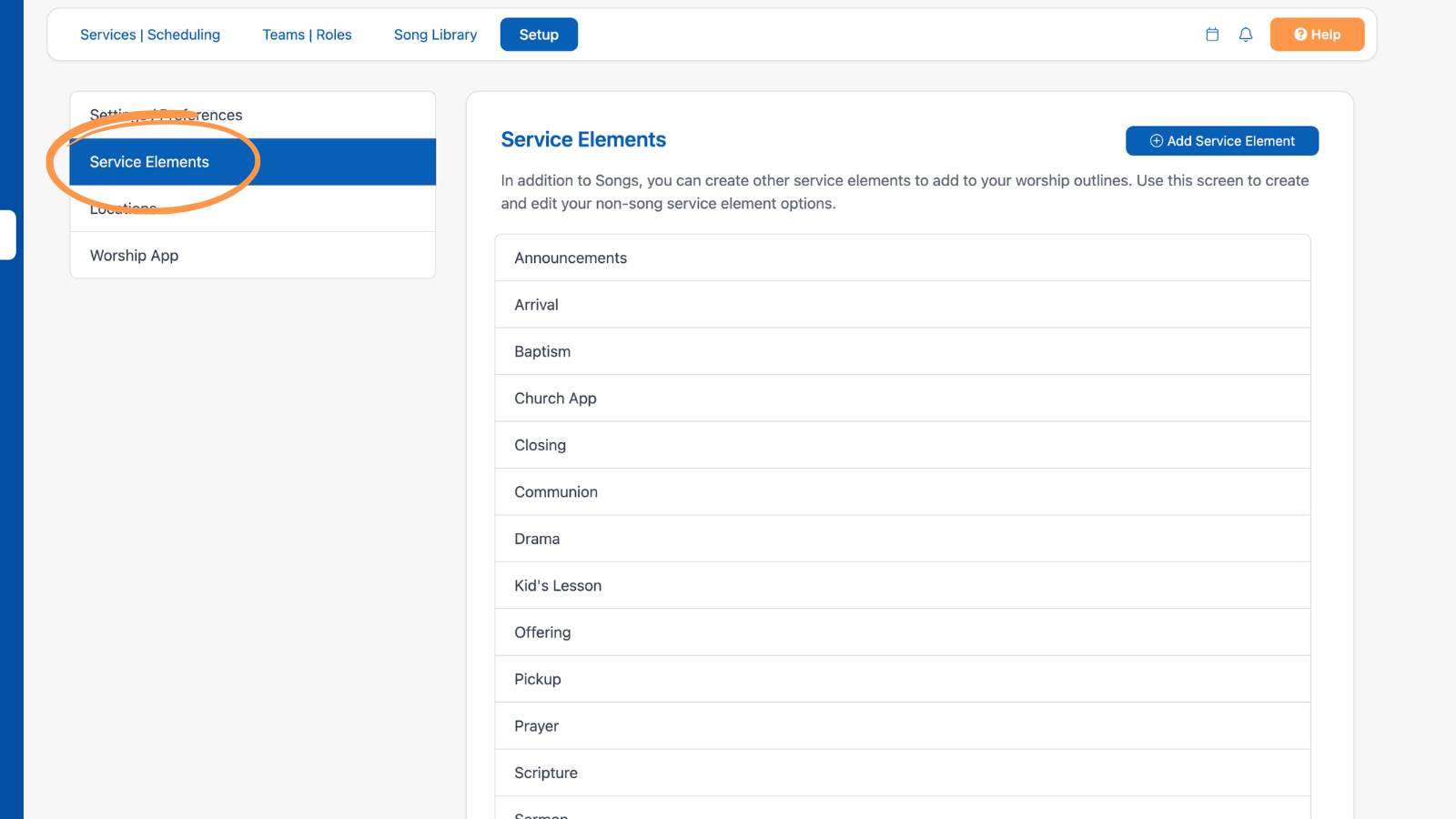 Worship and Scheduling Setup Service Elements