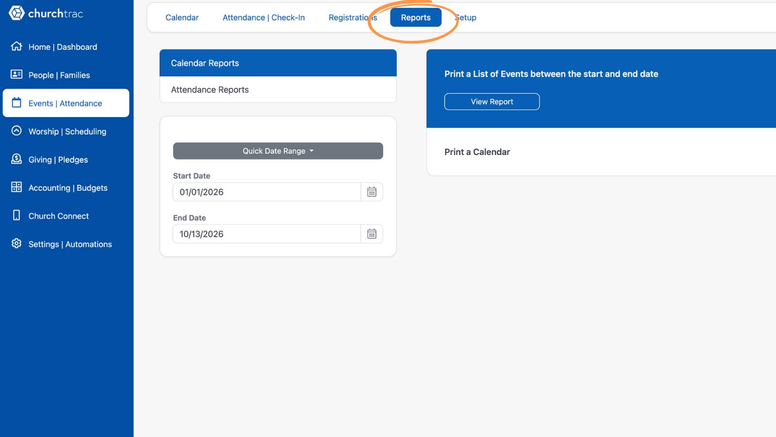 Printing Attendance Reports Tab