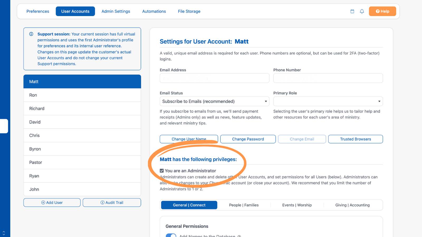 Settings User Accounts Privileges