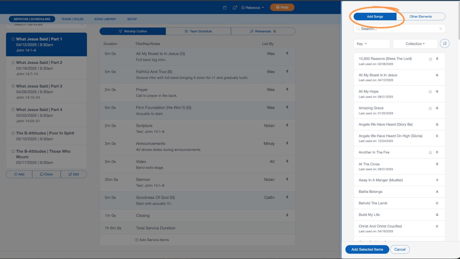 Support Worship Scheduling Setup Service Songs