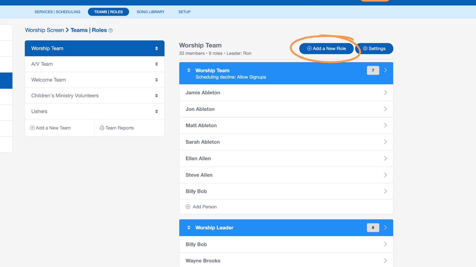 Support Worship Scheduling Teams and Roles Add a New Role