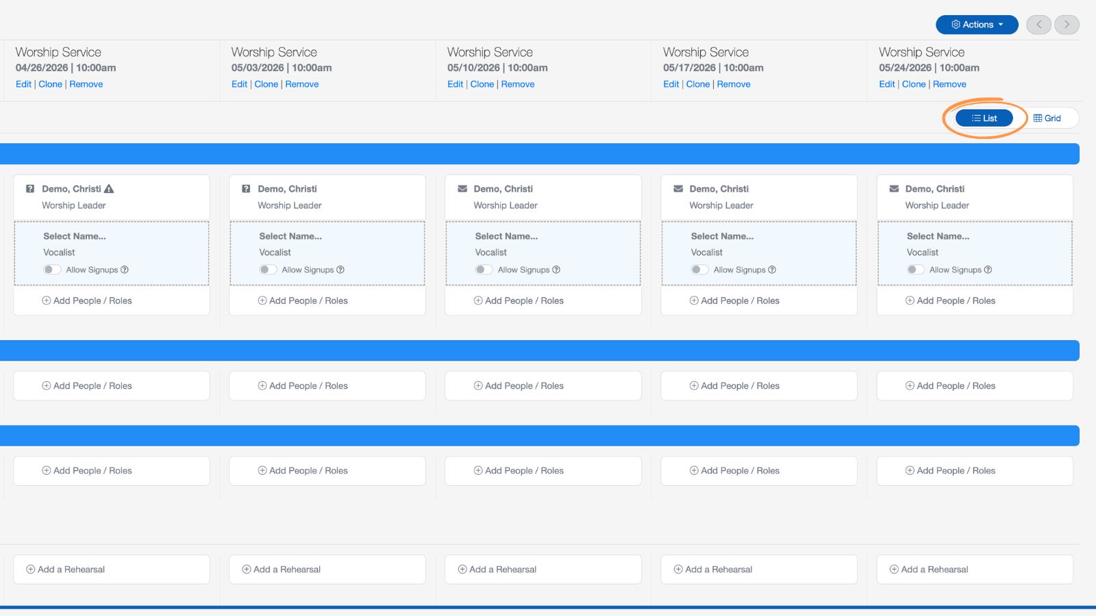 Support Worship and Scheduling Side by Side Lis or Grid View 2