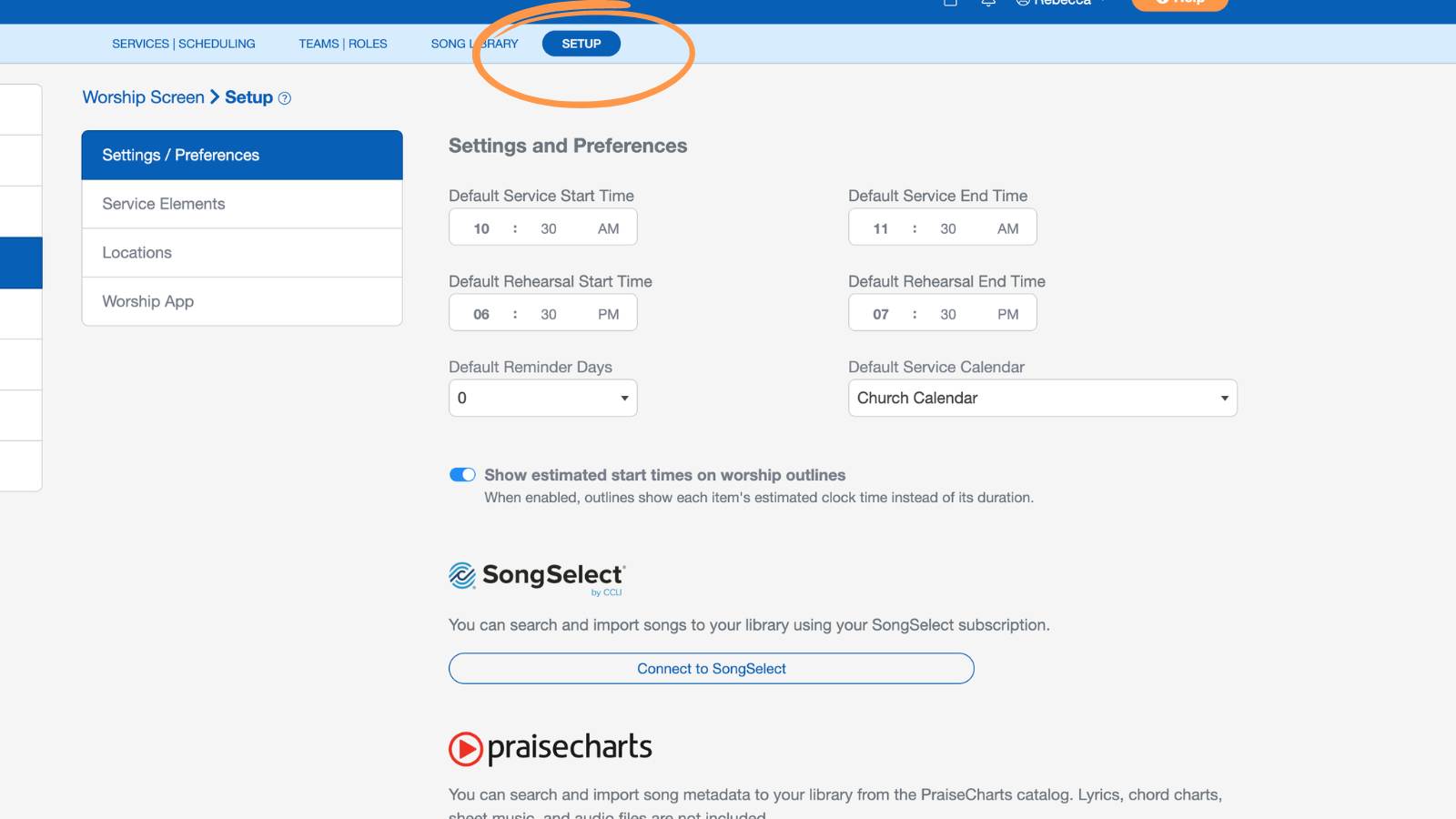 Worship and Scheduling Setup