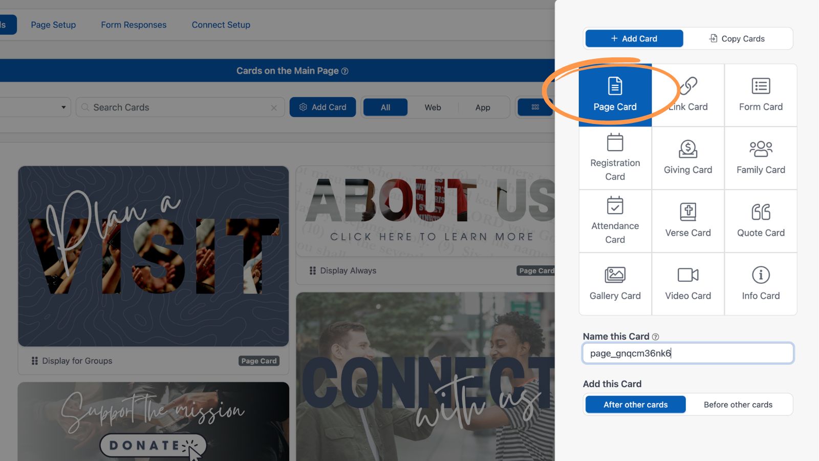 Church Connect How to Build a Church App Add Cards Page