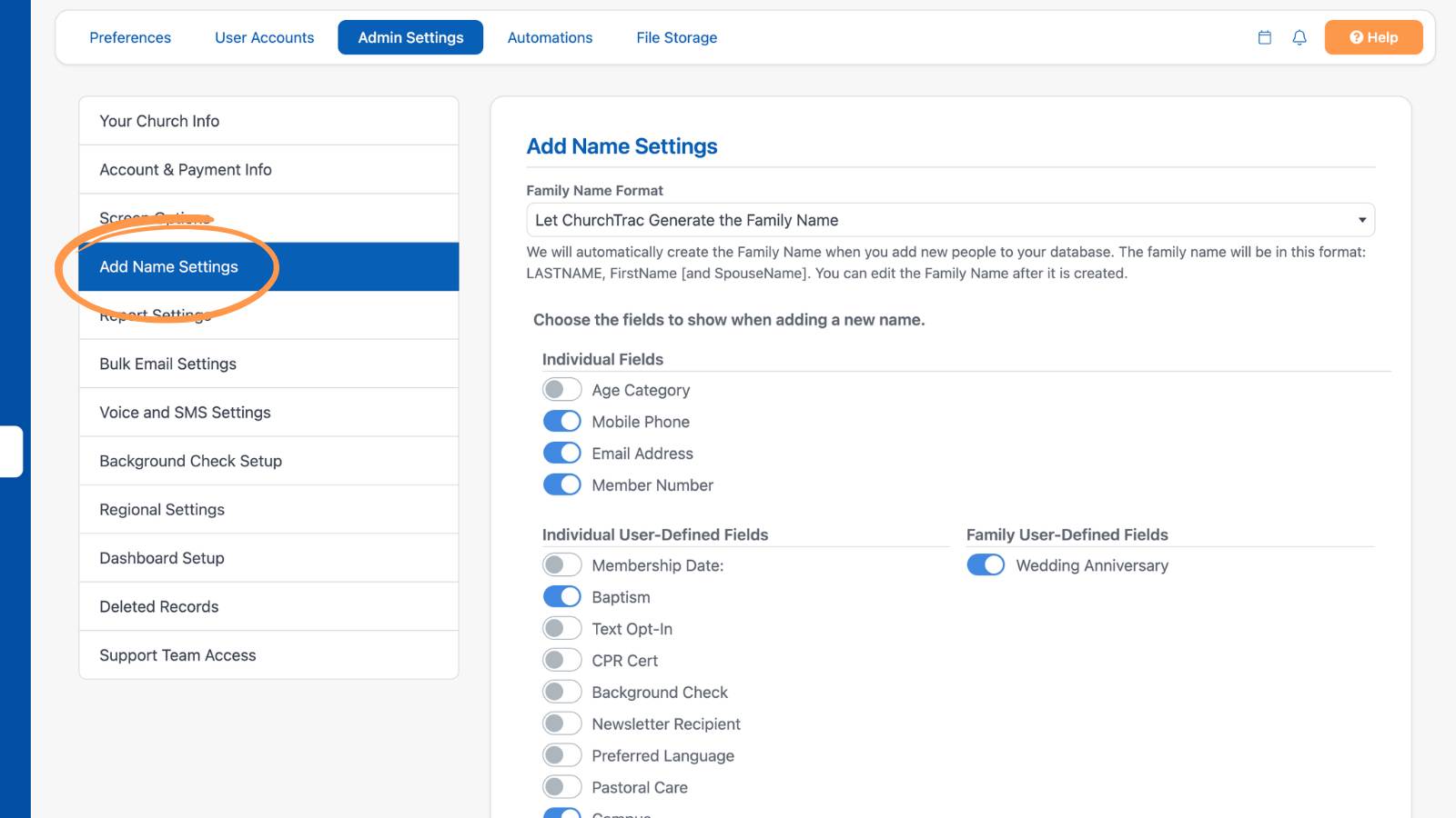 Settings Admin Settings Add Name