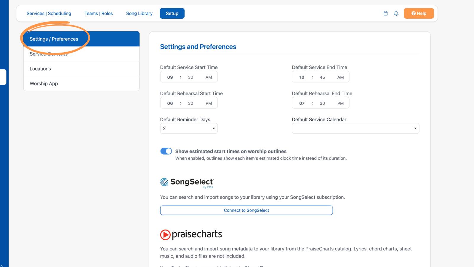 Worship and Scheduling Setup Settings