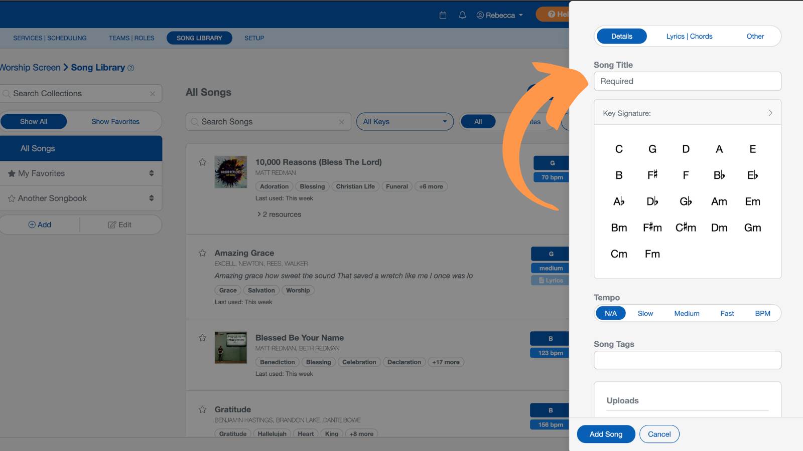 Worship and Scheduling Song Library Add a New Song Manually 2