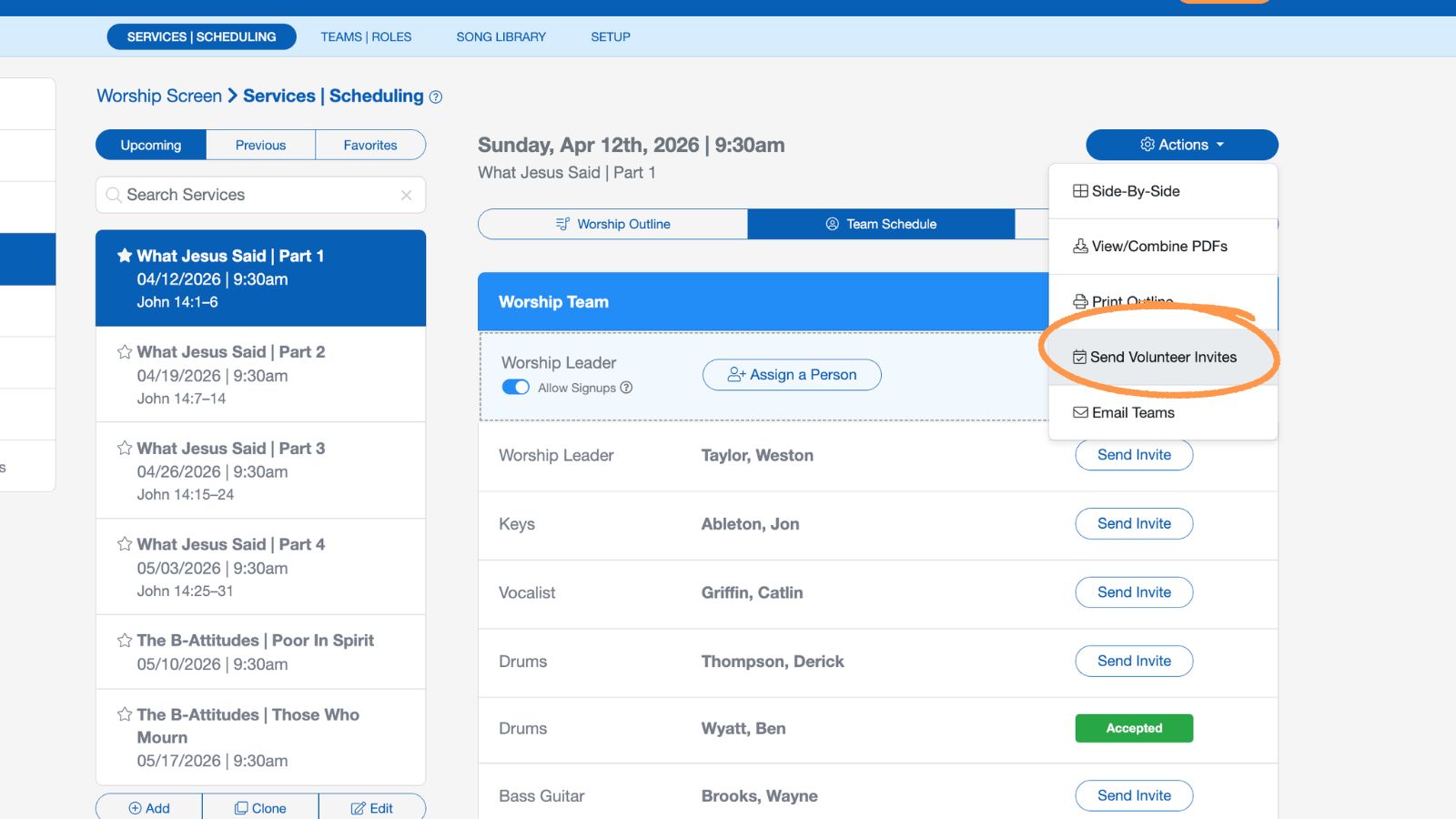 Support Worship Scheduling Scheduling Volunteers Send 2