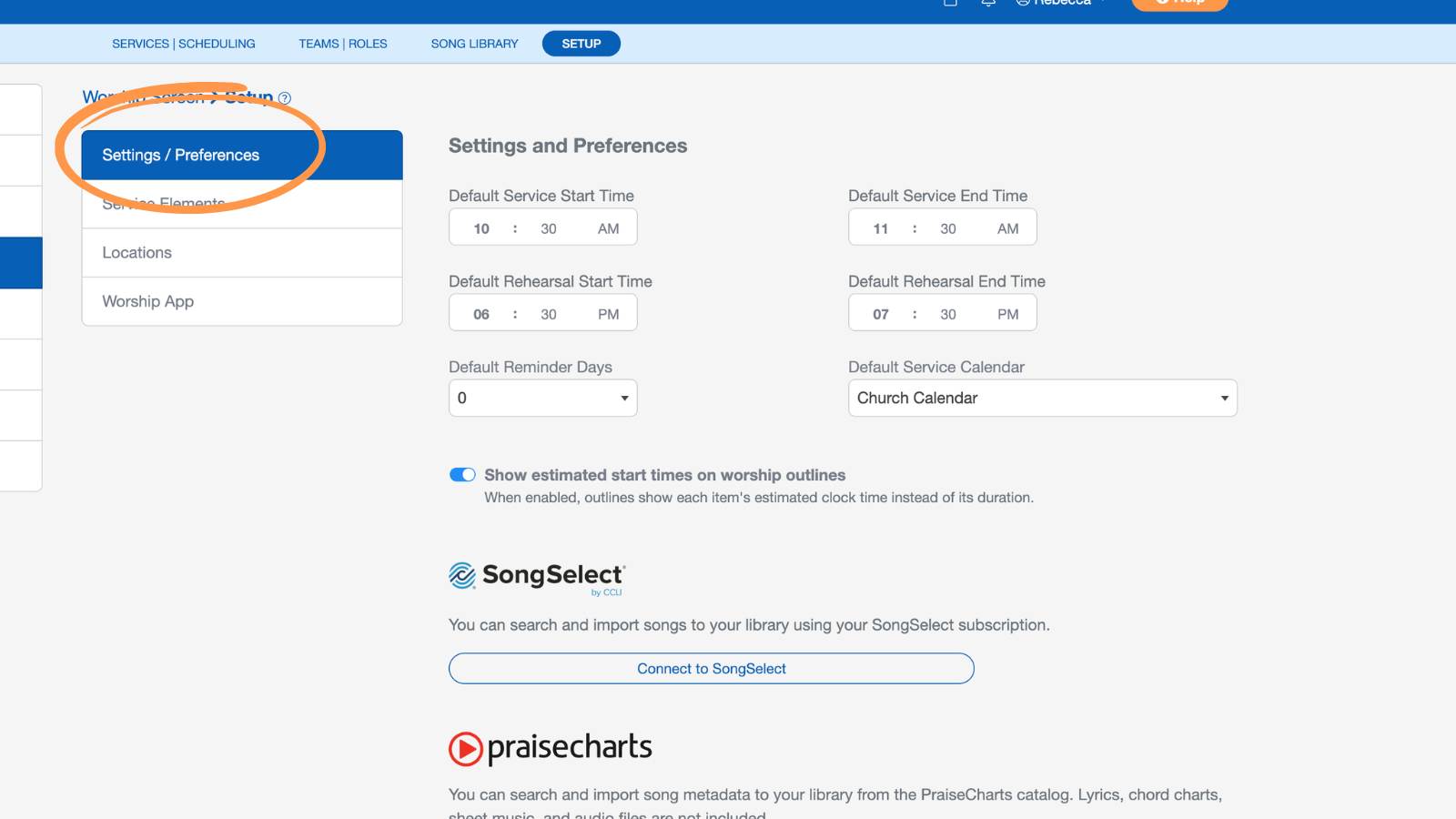 Worship and Scheduling Setup Settings and Preferences