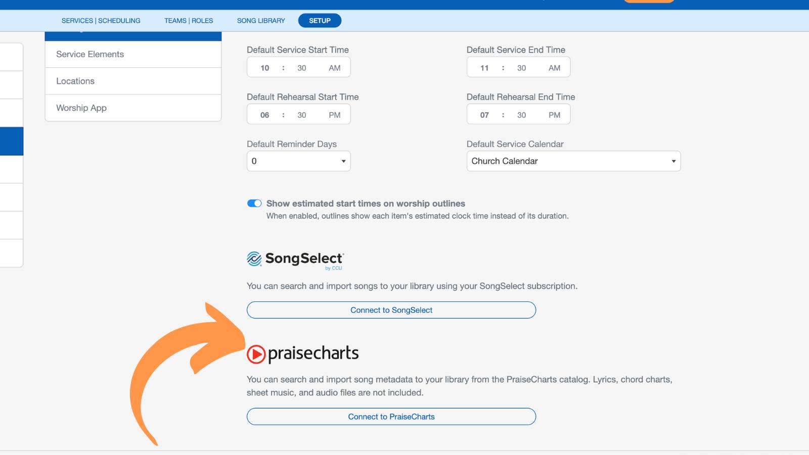 Worship and Scheduling Setup Settings and Preferences Praise Charts