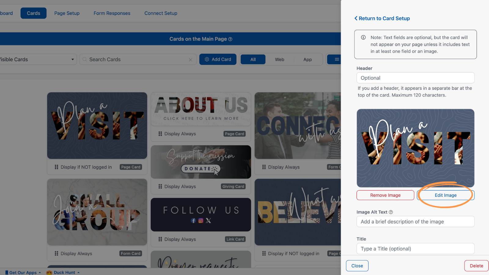 Creating and Editing Connect Cards Upload an Image Edit