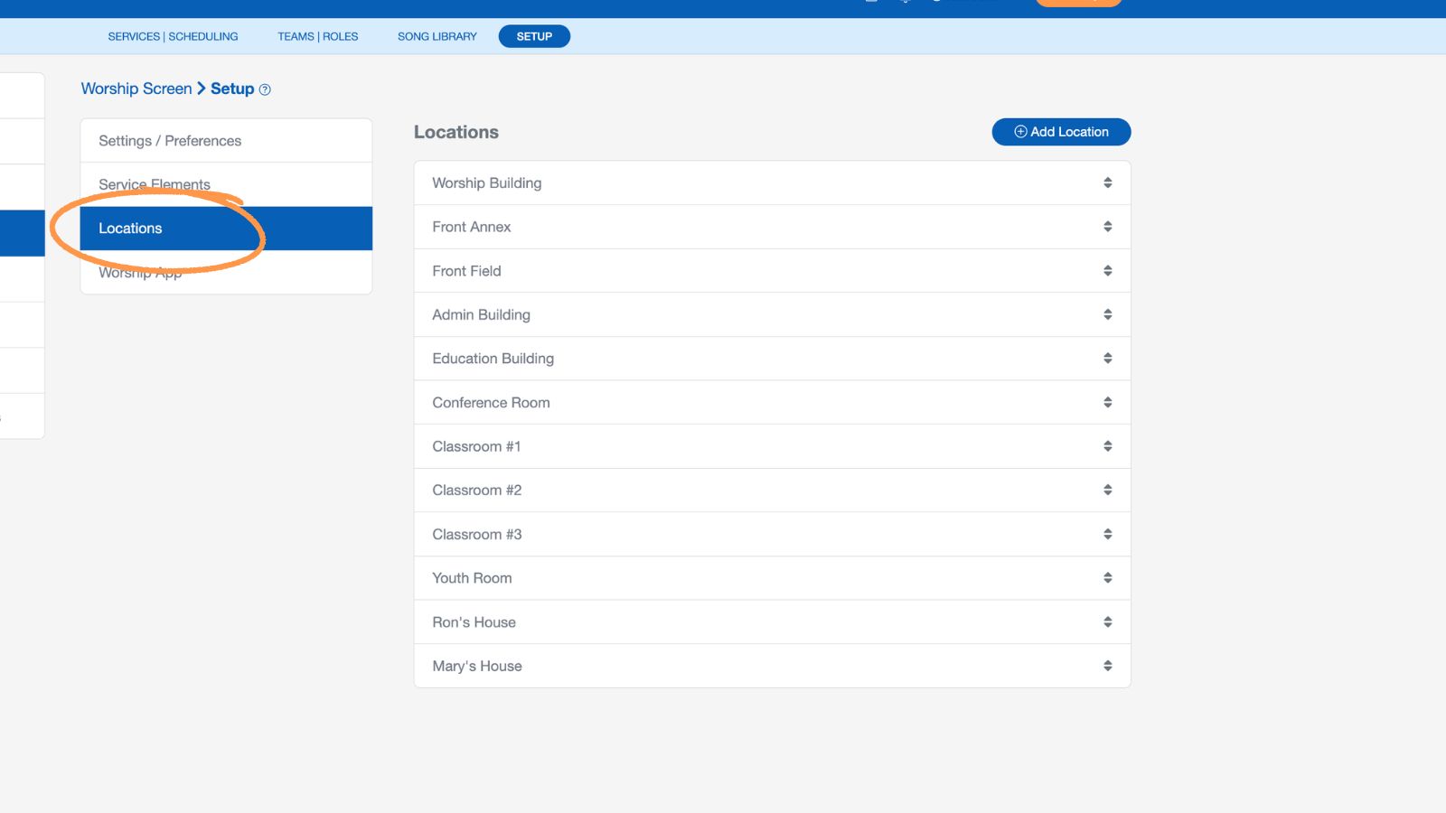 Support Worship Scheduling Setup Locations