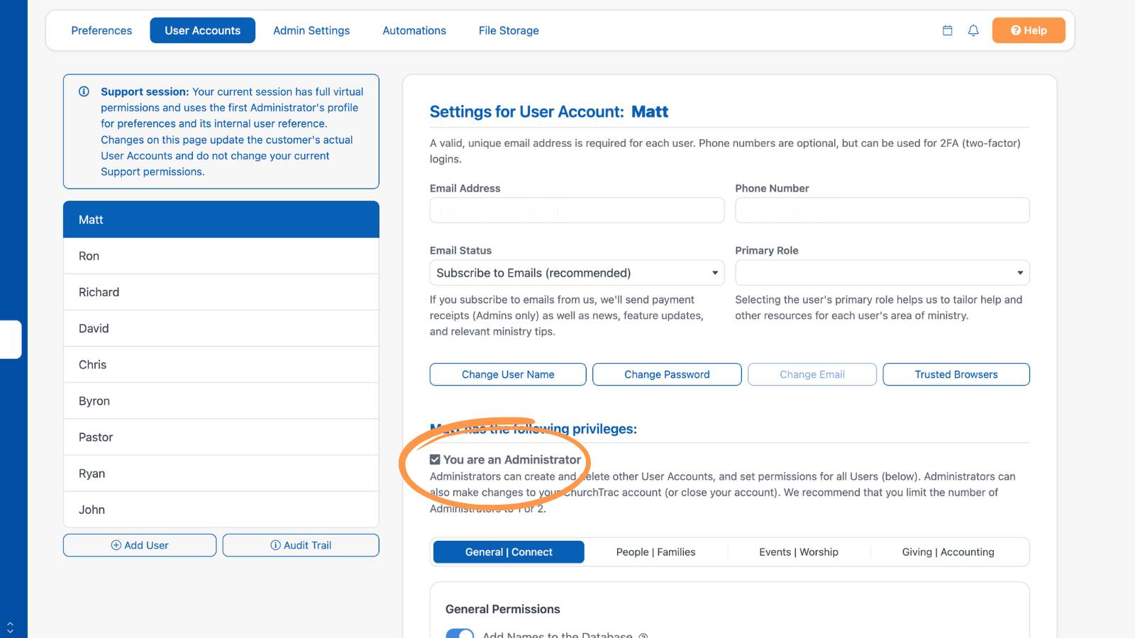 Settings User Accounts Admin