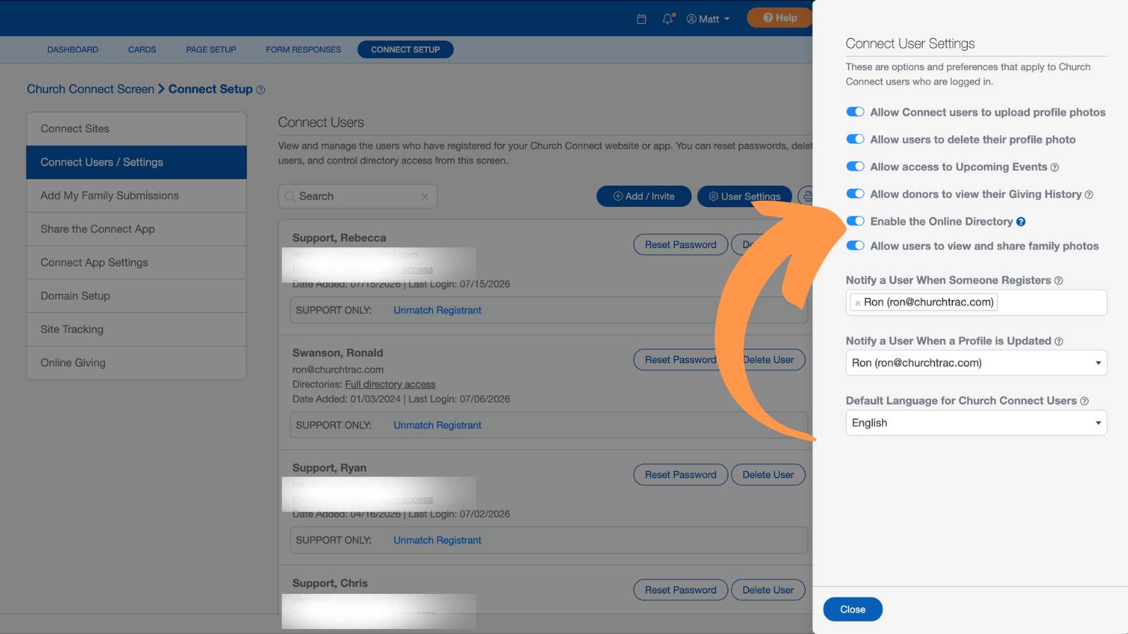 Church Connect Connect User Settings Directory