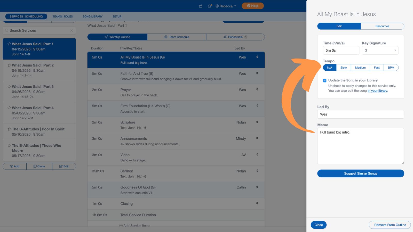 Support Worship Scheduling Service Outline Song 