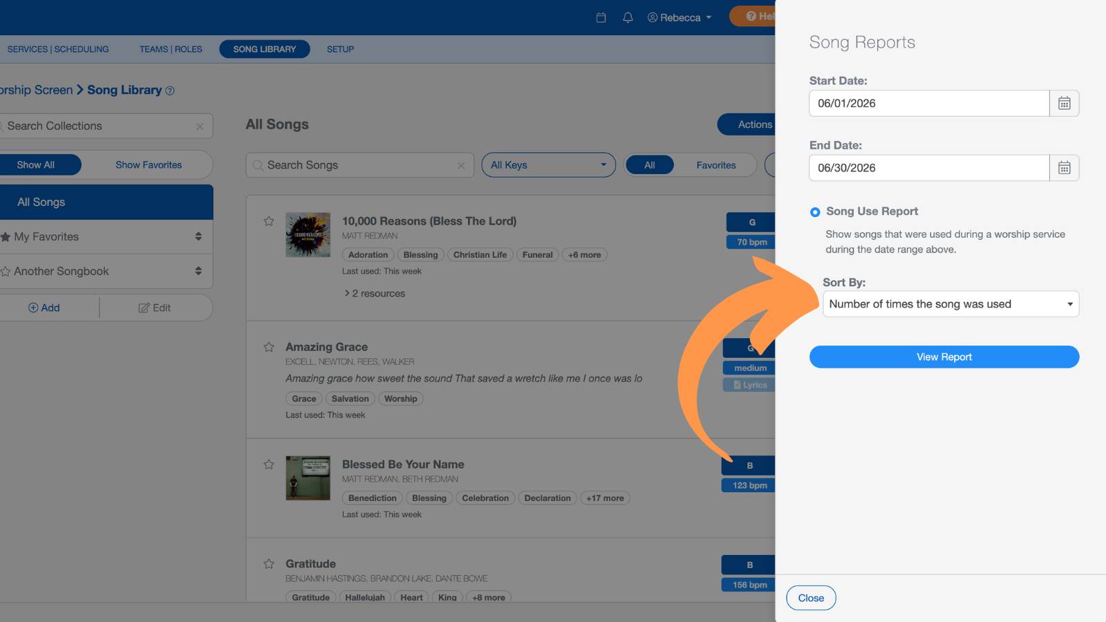 Worship and Scheduling Song Library Report 2