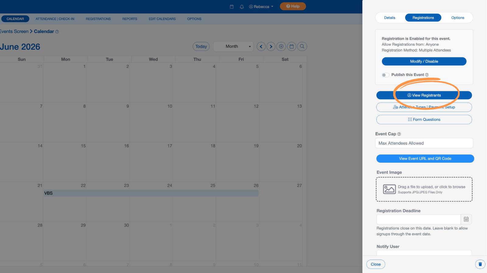 Support Events and Registrations View
