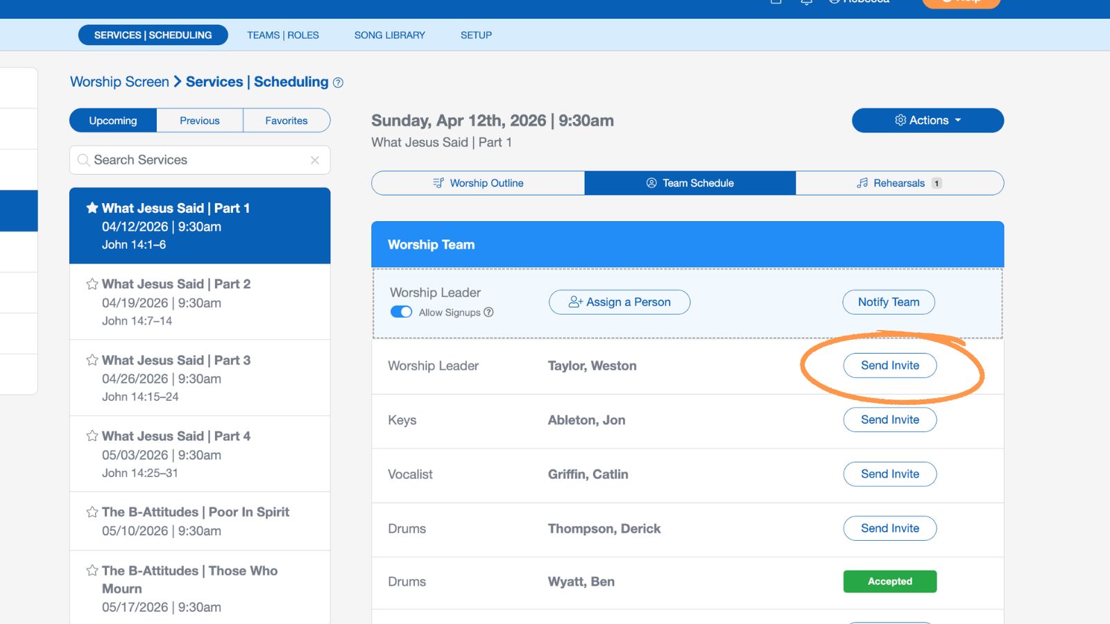 Support Worship Scheduling Scheduling Volunteers Send Invite Button