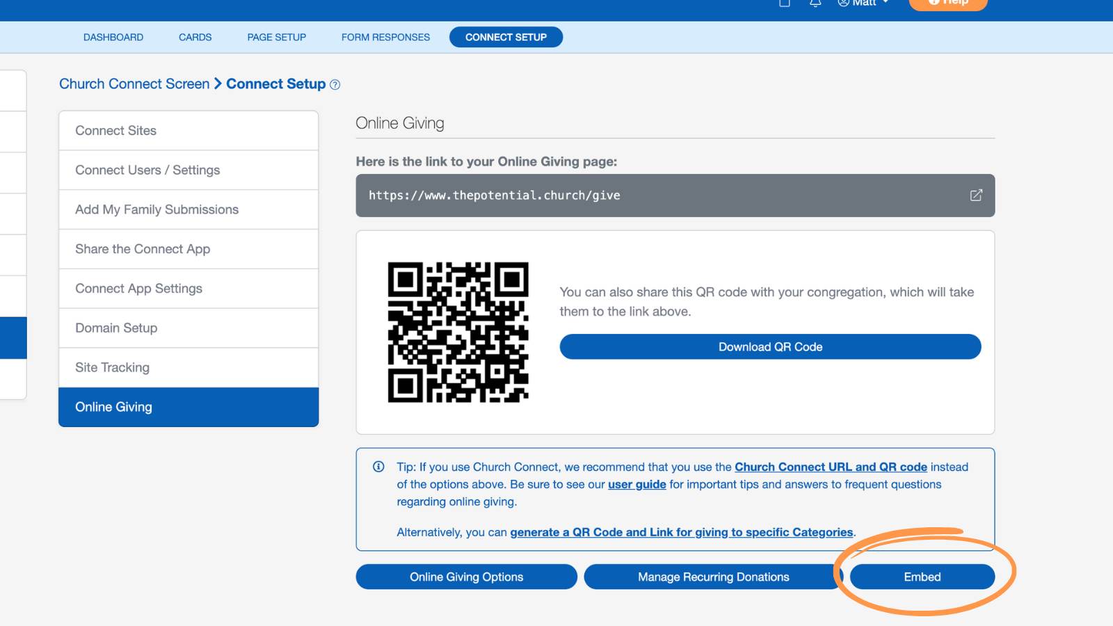 Church Connect Embedding Giving Form