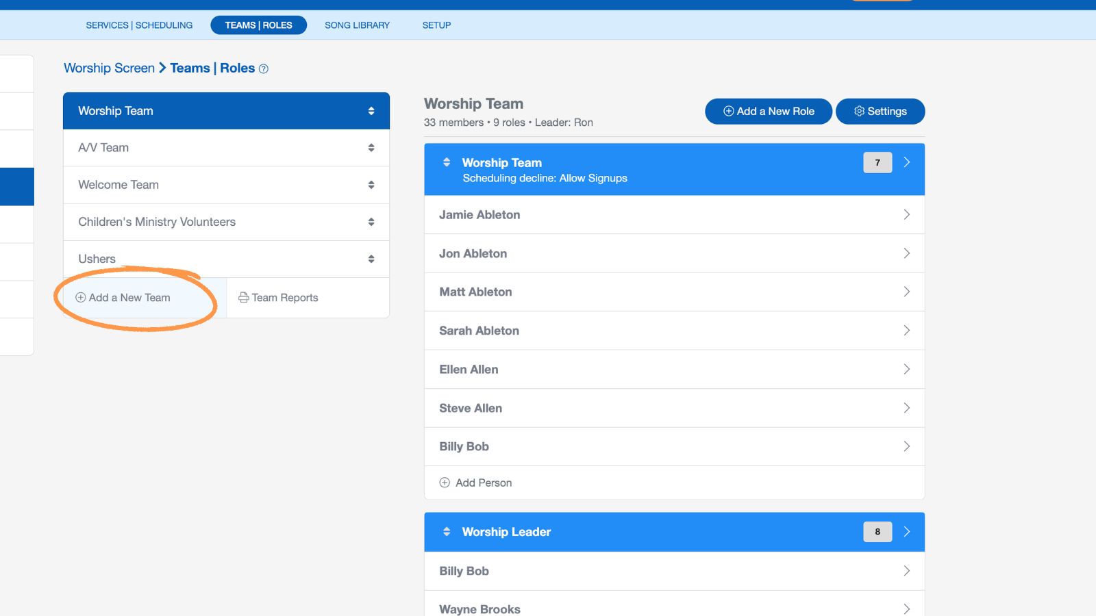 Support Worship Scheduling Teams and Roles Add a New Team