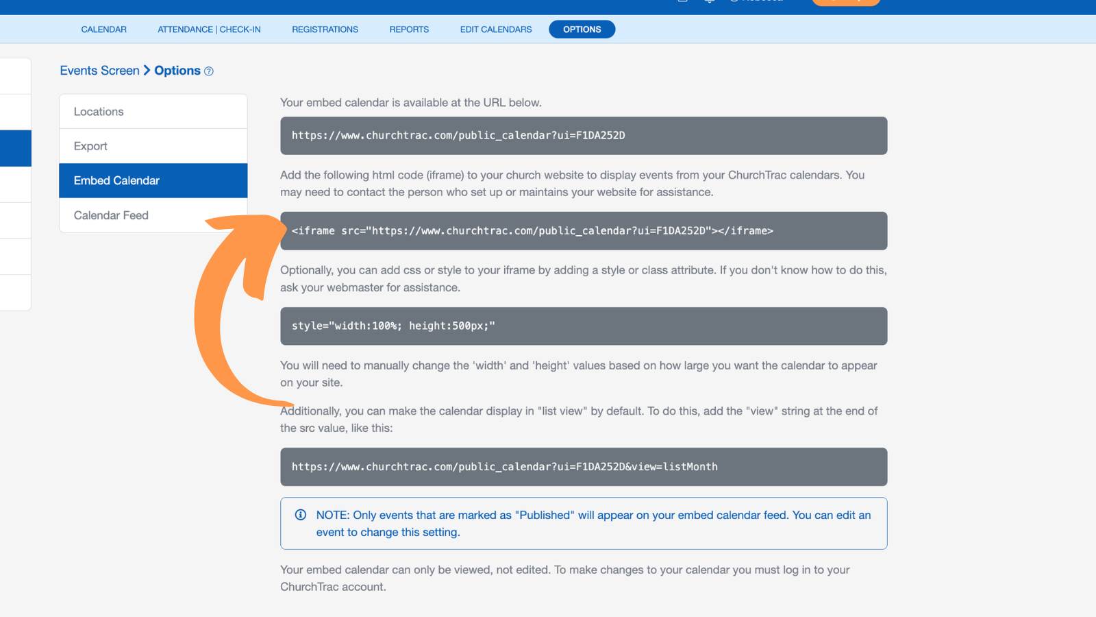 Support Events Options Embed Web