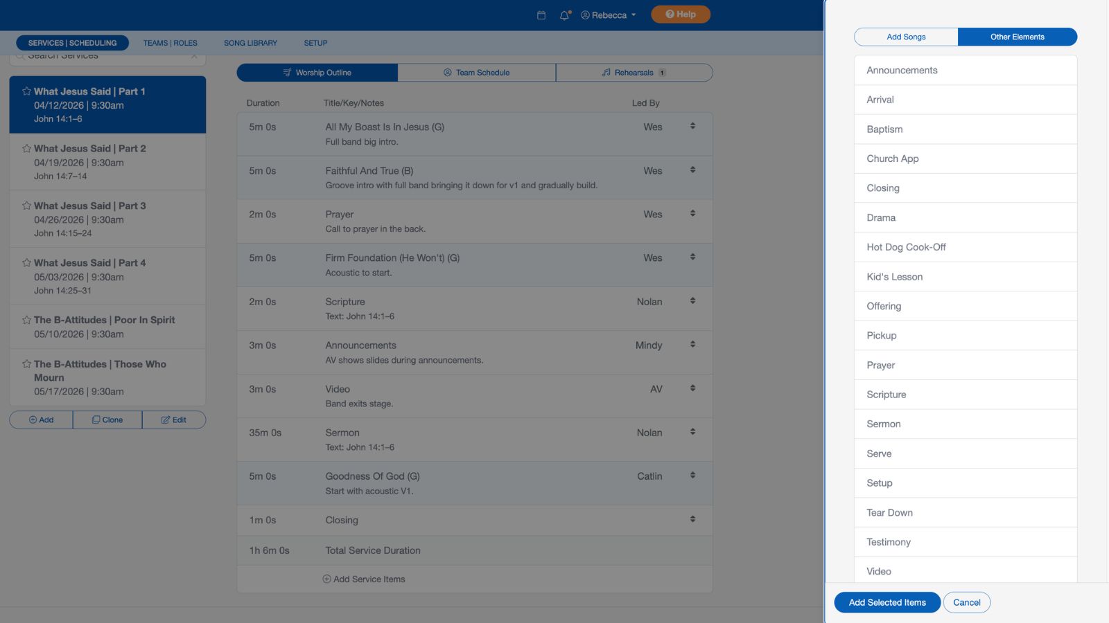 Support Worship Scheduling Setup Service Elements to Include