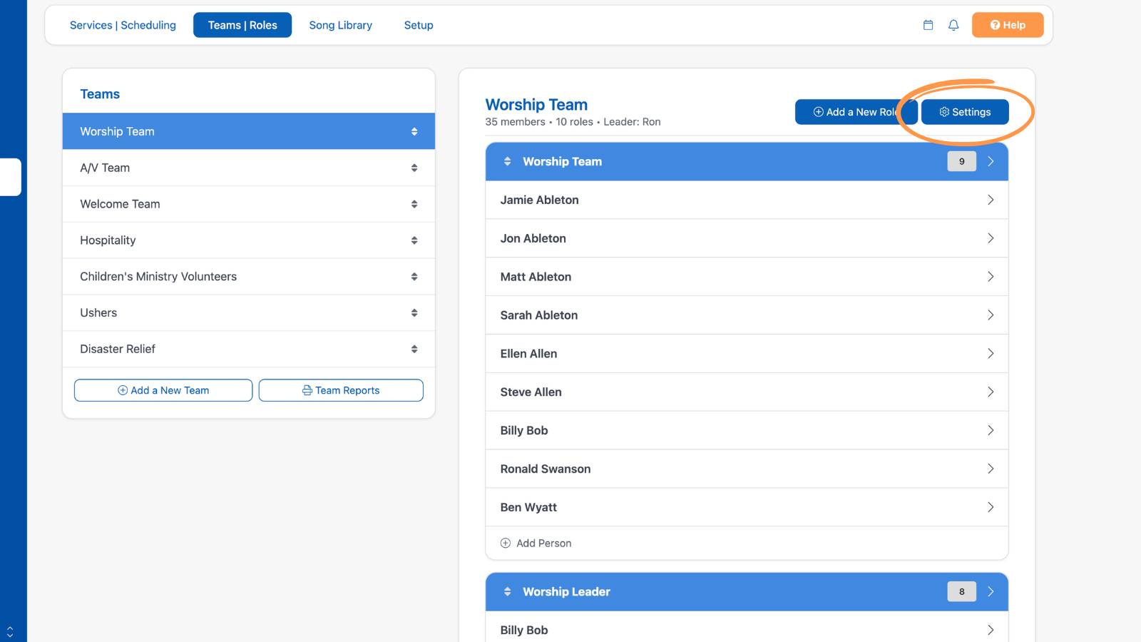 Worship Teams and Roles Settings