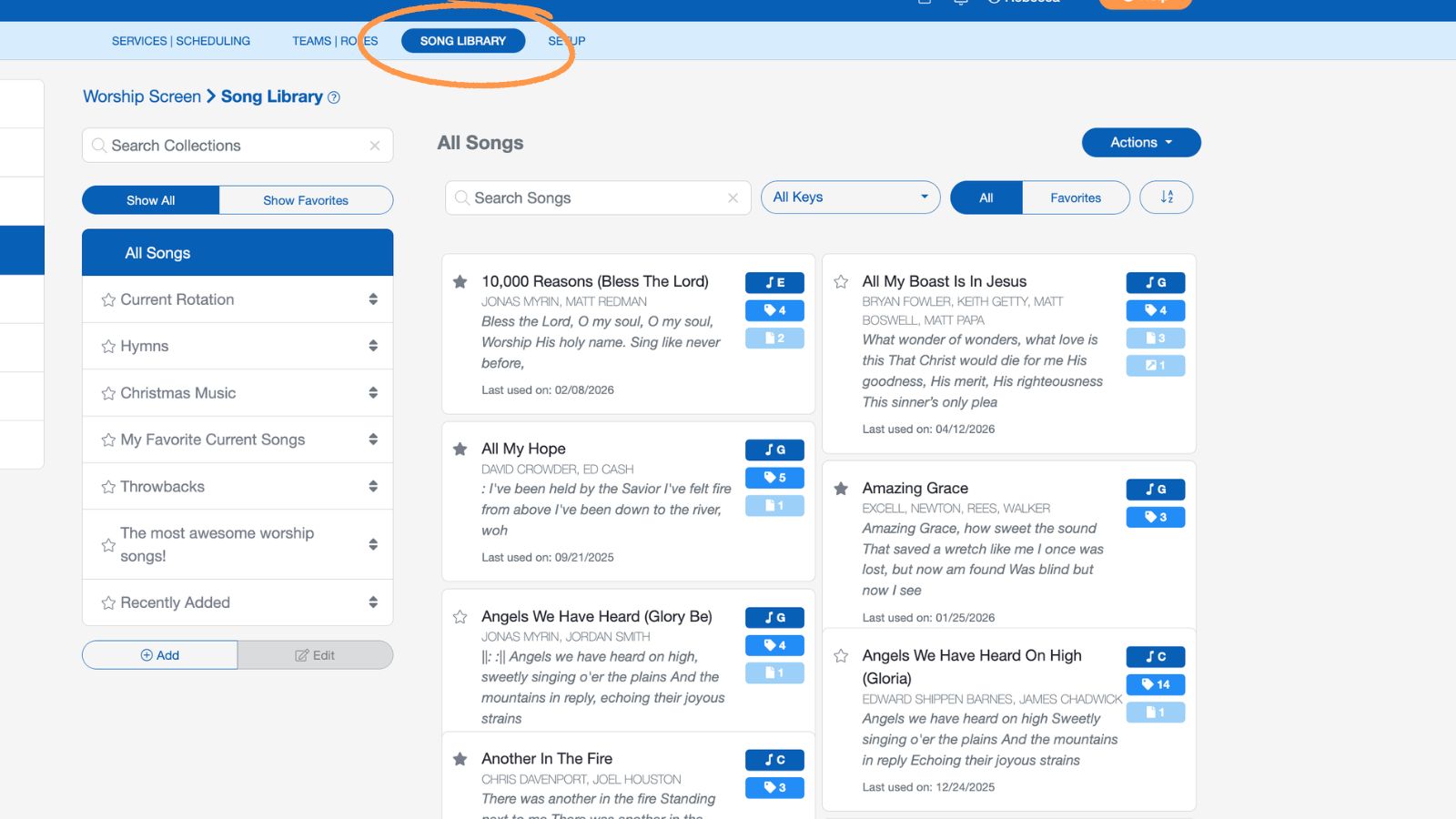 Support Worship Scheduling Song Library