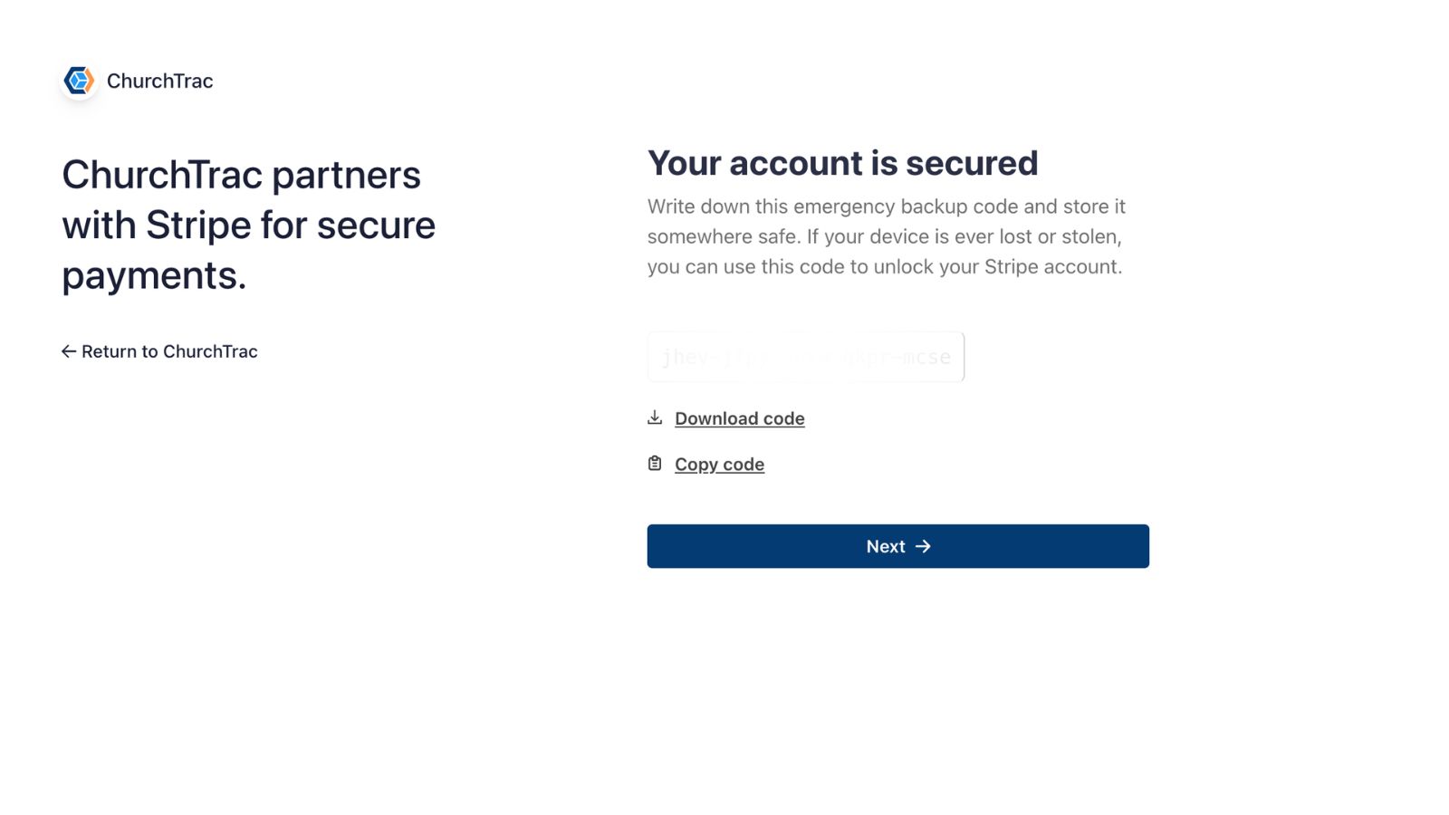 Support Setting up Online Giving Backup Code Stripe