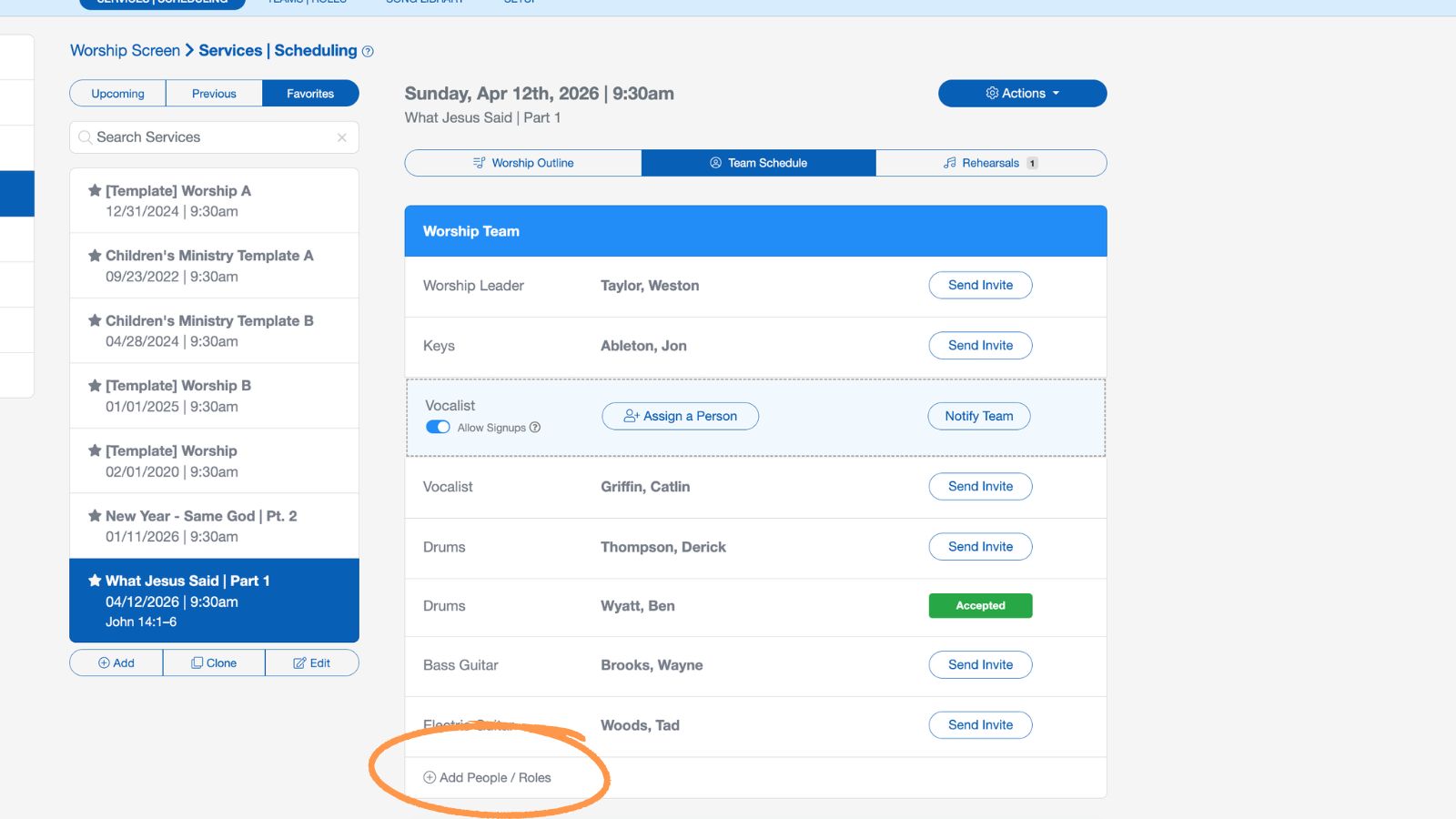Support Worship Scheduling Scheduling Volunteers Add