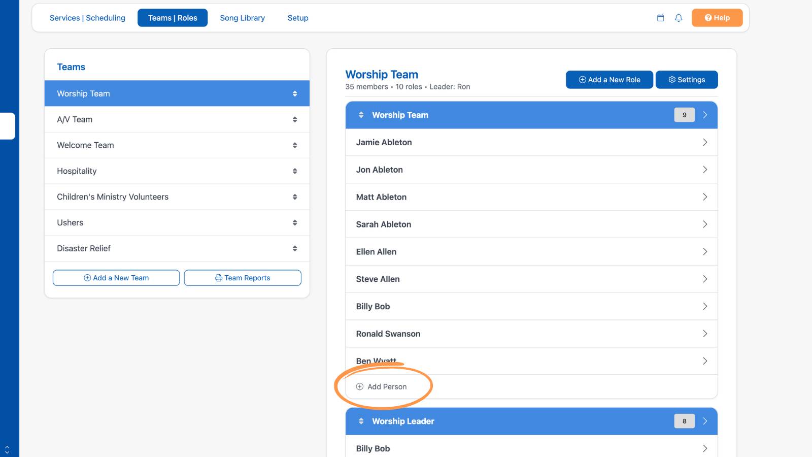 Worship Teams and Roles Add Person