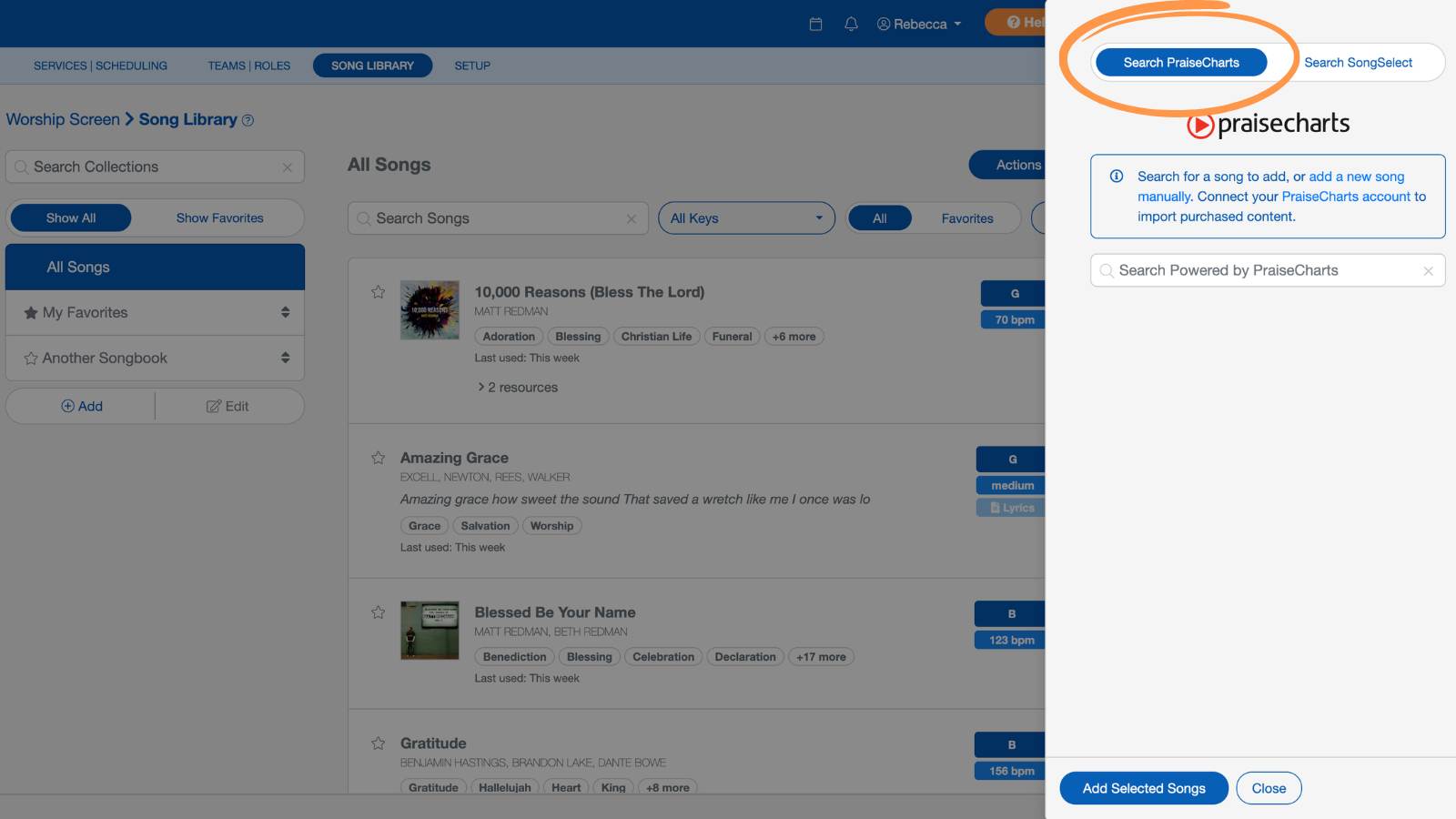 Worship and Scheduling Song Library Add a New Song Praise Charts