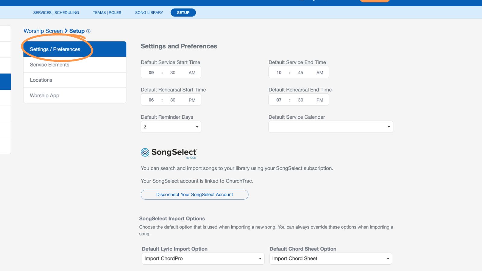 Support Worship Scheduling Setup Settings Preferences