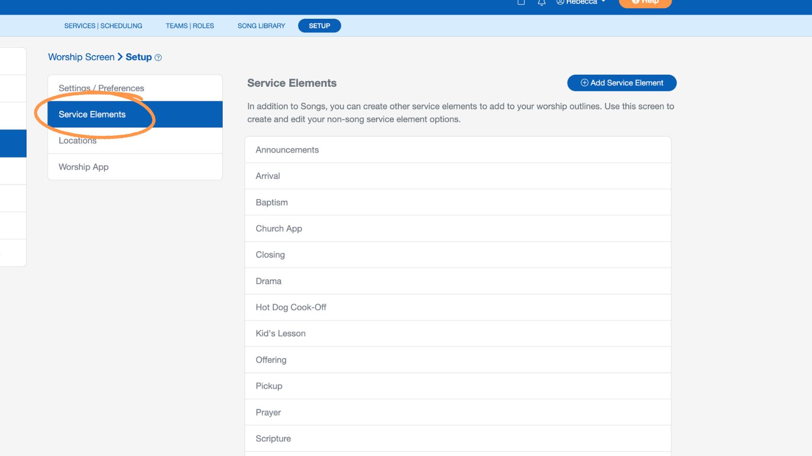 Support Worship Scheduling Setup Service Elements