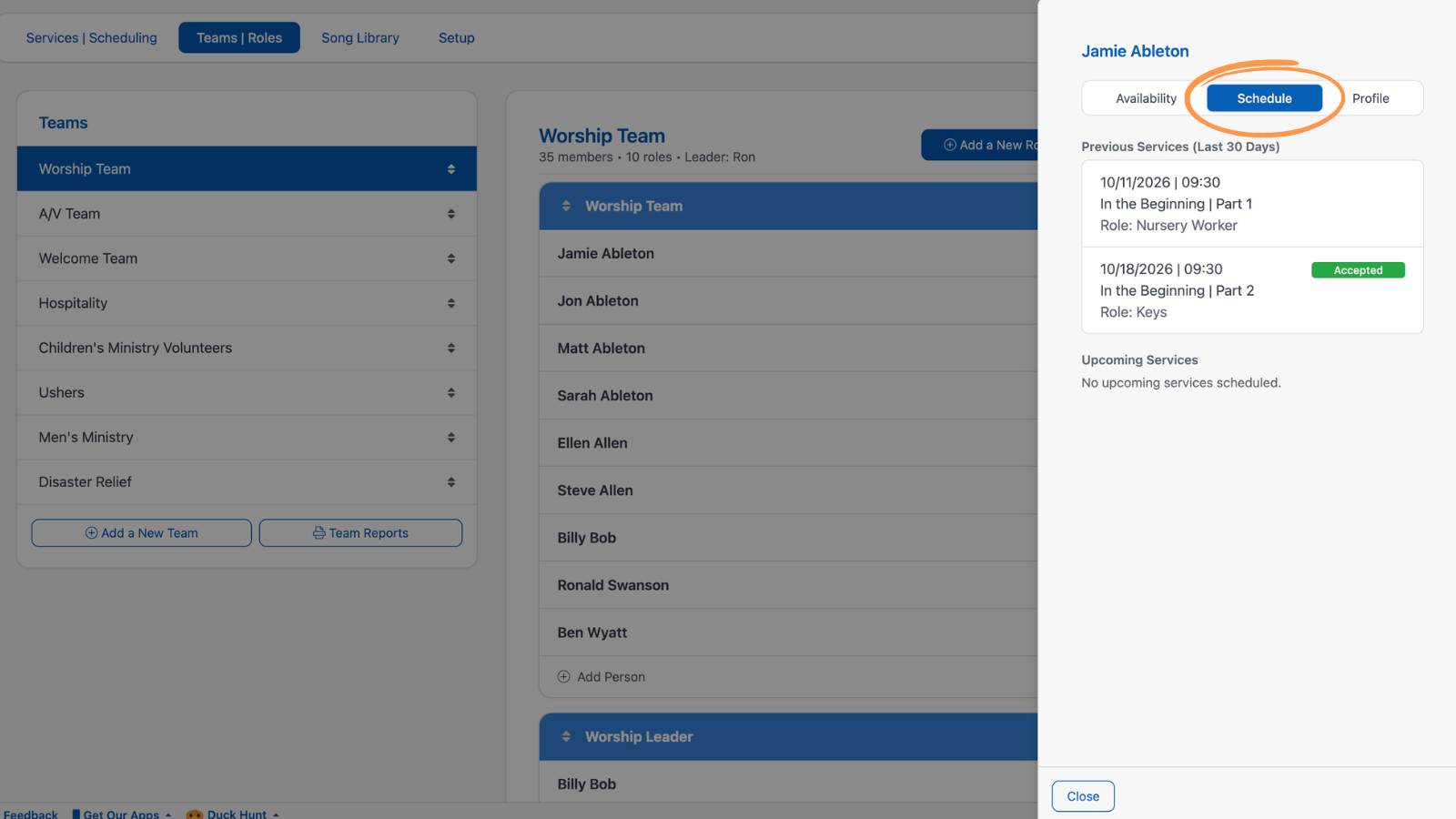 Worship Teams and Roles Team Team Member Schedule