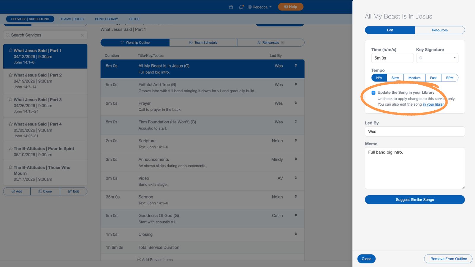 Support Worship Scheduling Service Outline Song 2 