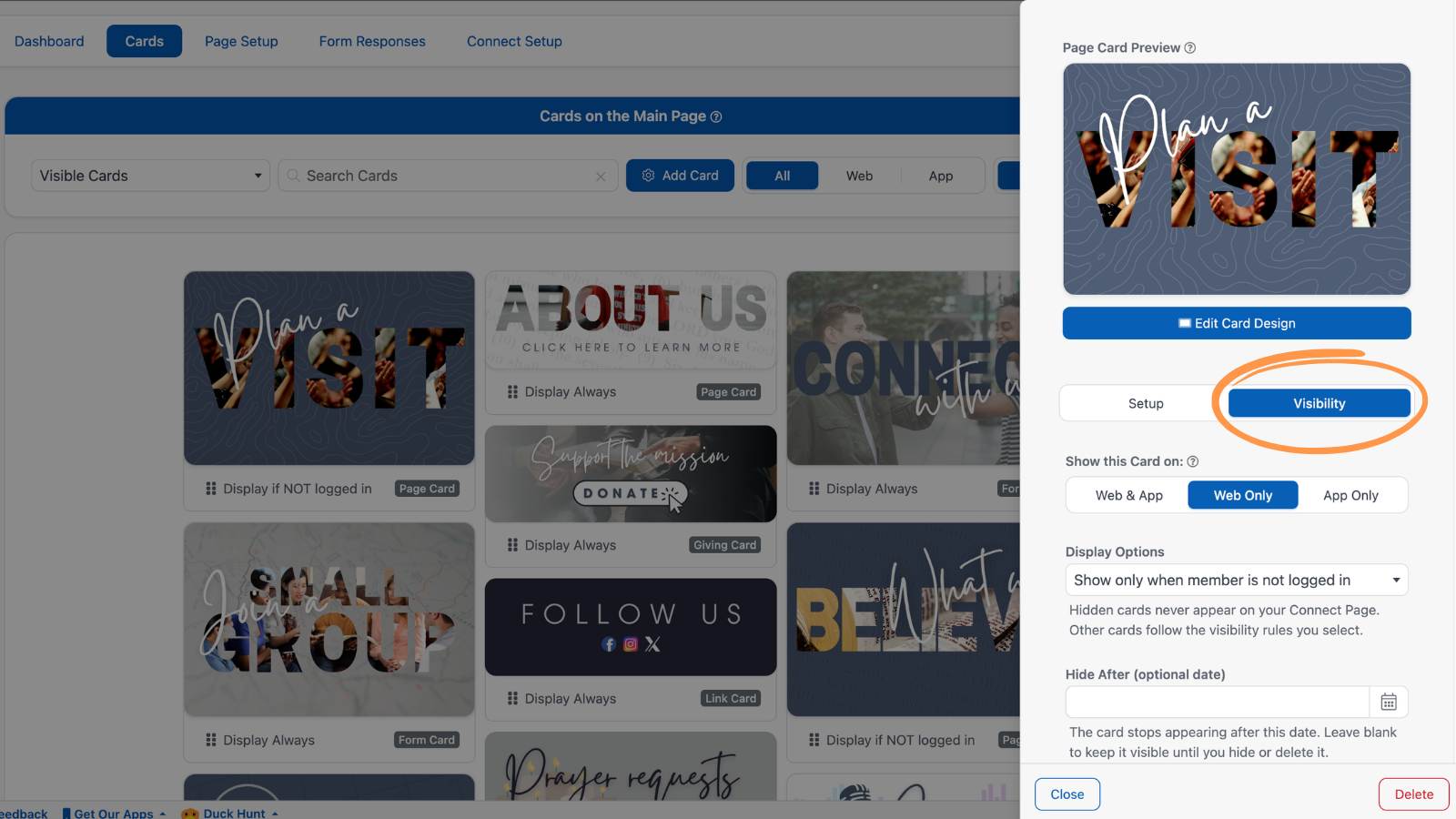 Creating and Editing Connect Cards Visibility