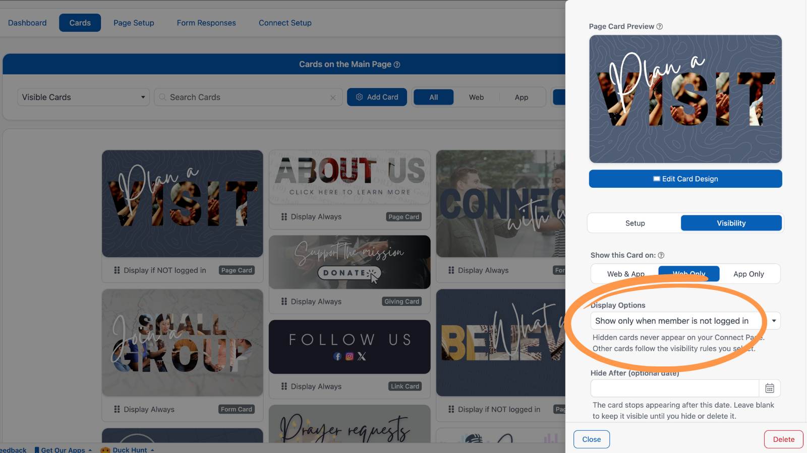 Creating and Editing Connect Cards Visibility Display Options