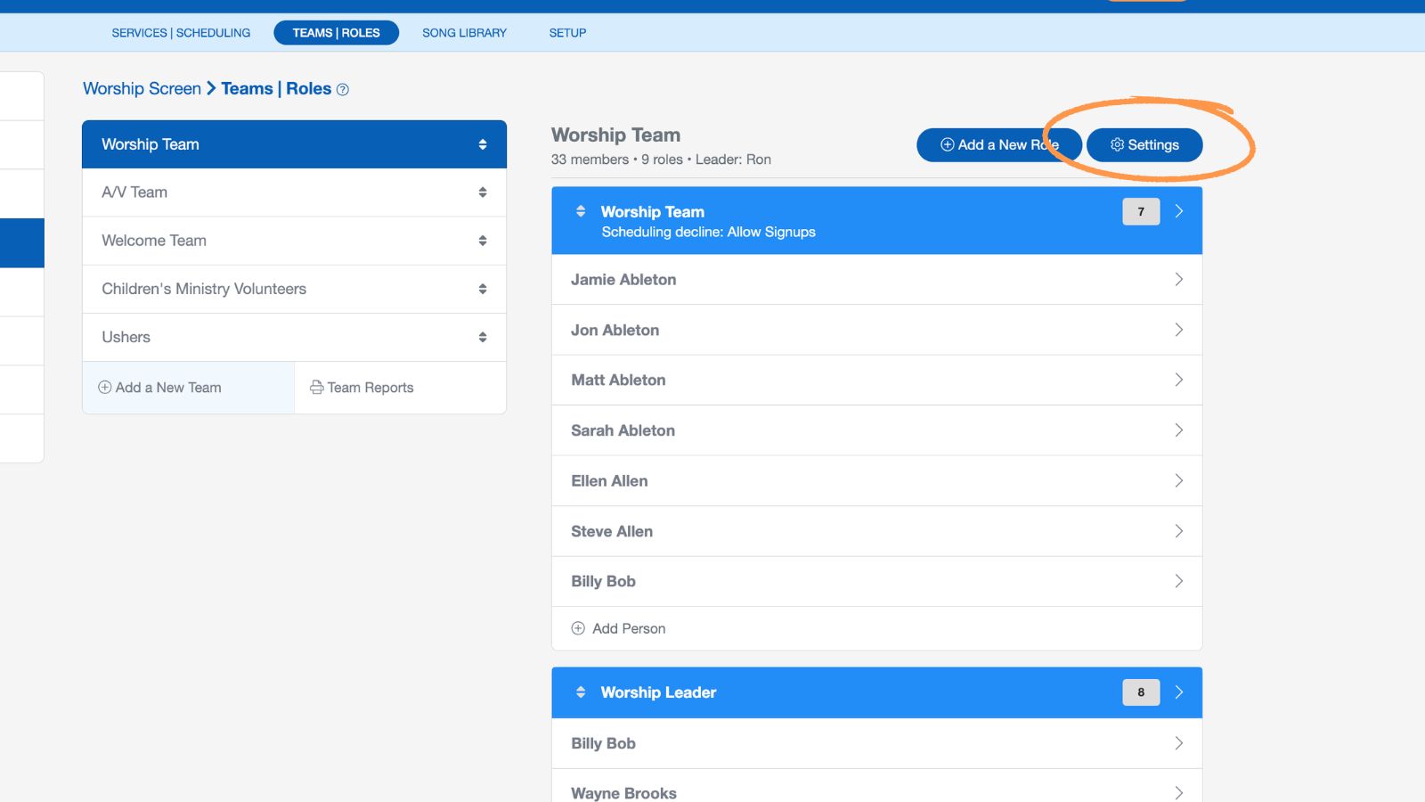 Support Worship Scheduling Teams and Roles Settings