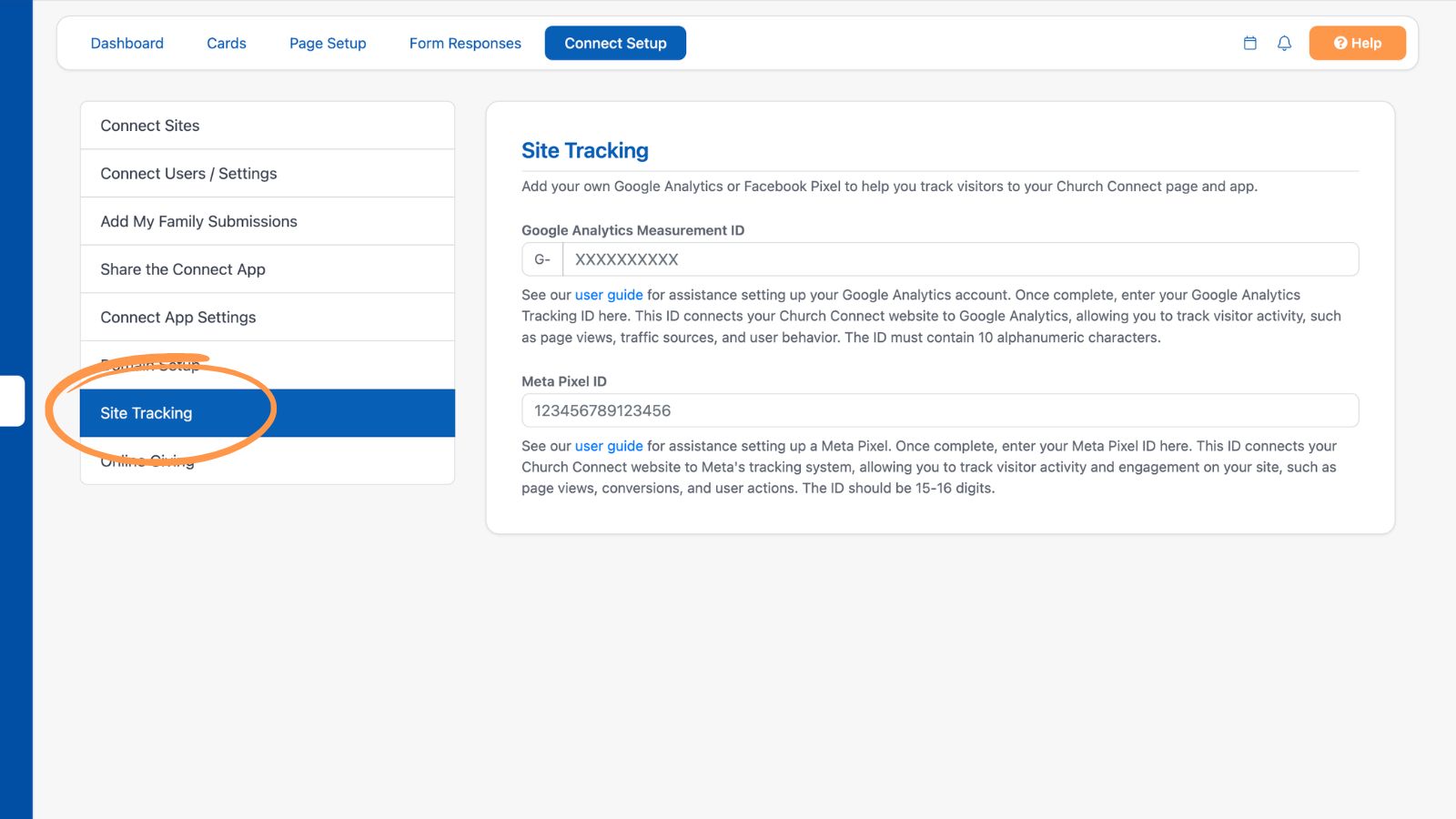 Church Connect Connect Setup Site Tracking