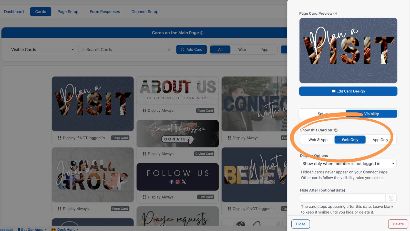 Creating and Editing Connect Cards Visibility Show