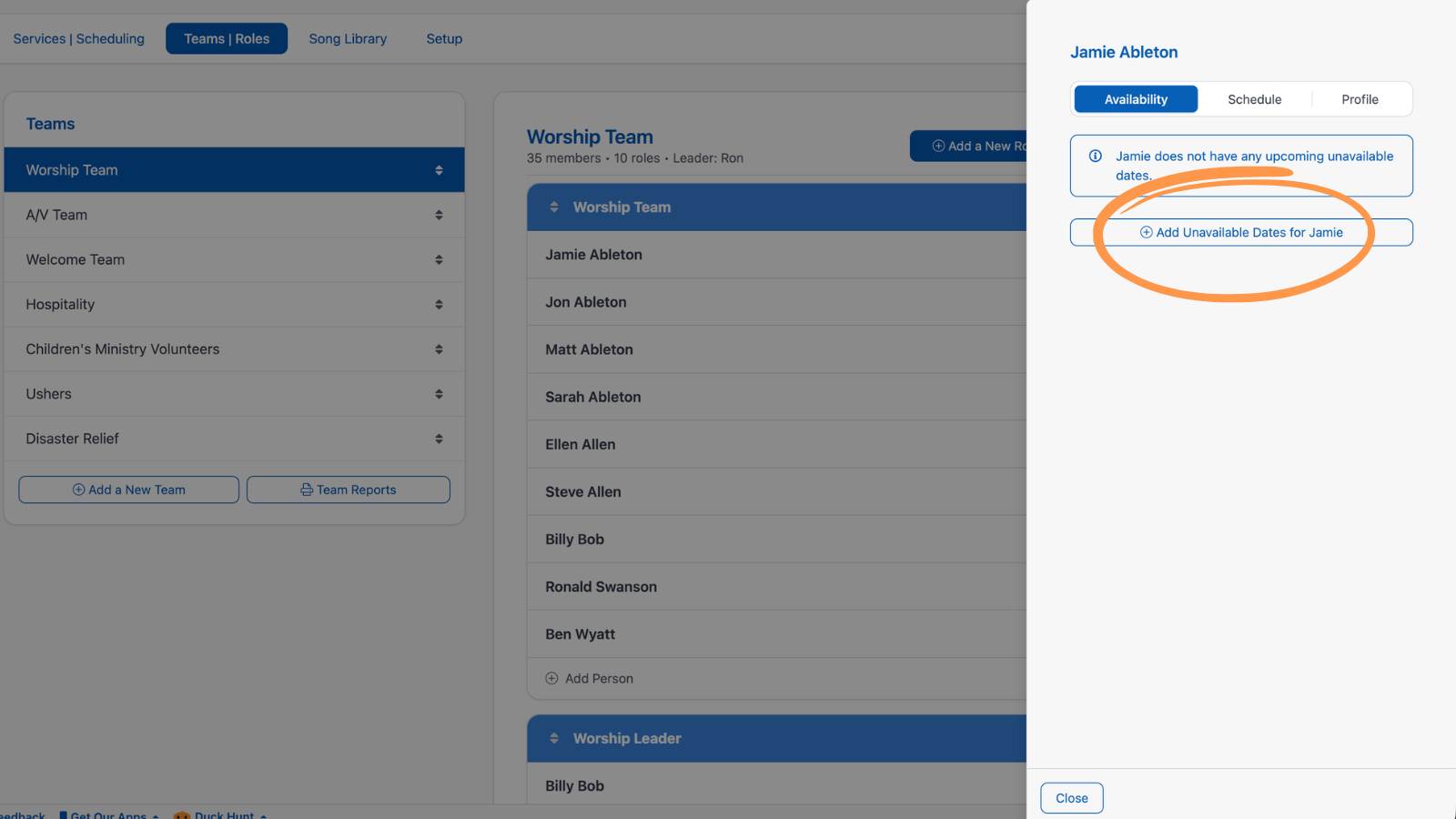 Worship Teams and Roles Team Team Member Availability