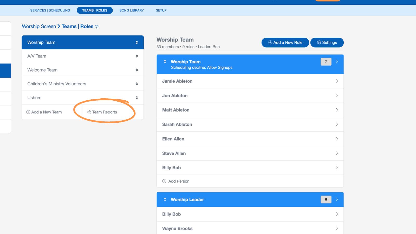 Support Worship Scheduling Teams and Roles Team Reports